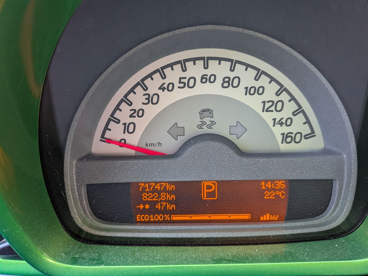 Smart speedometer showing 822 km trip distance at arrival