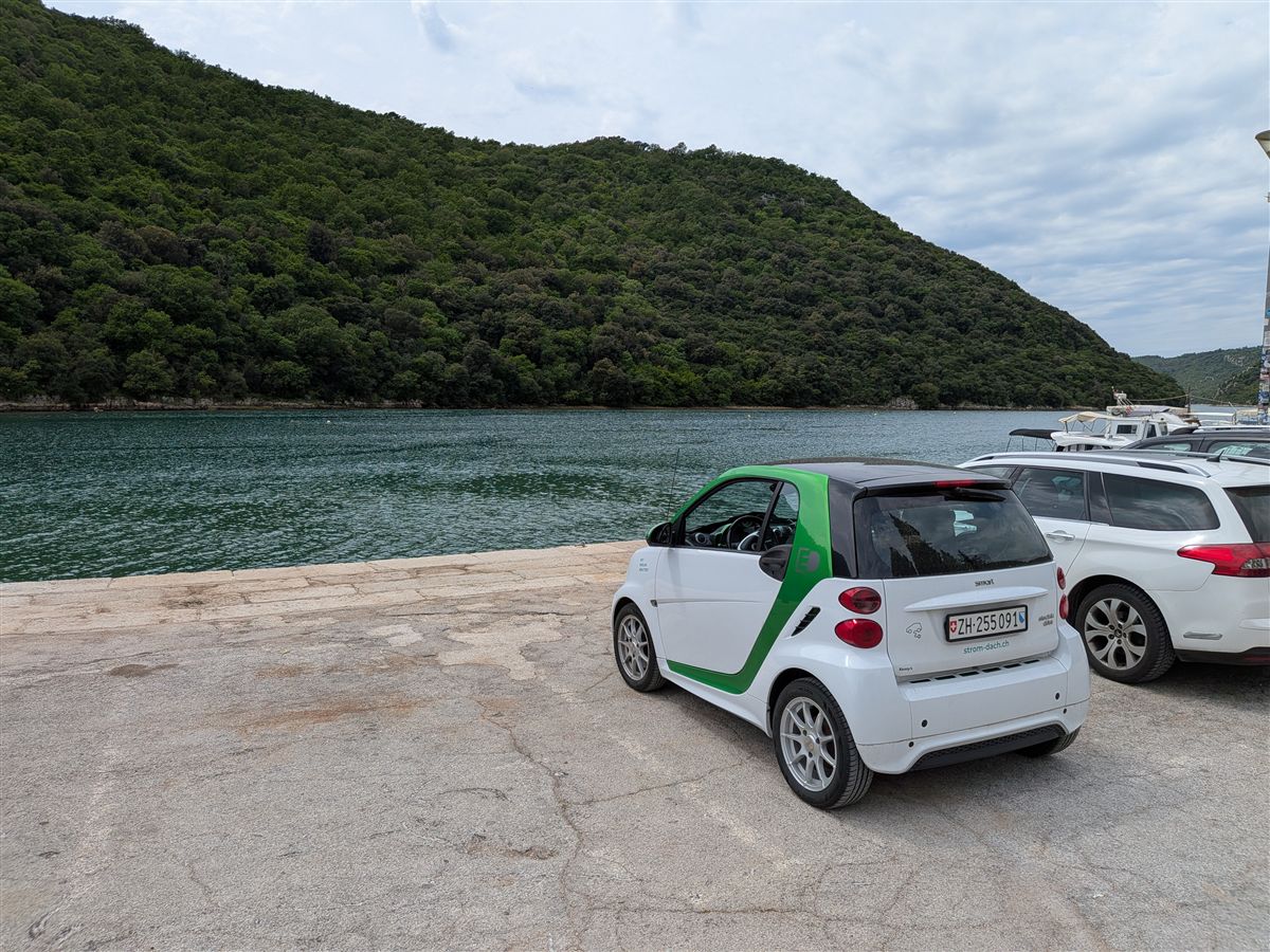 Smart ED parked at the Lim fjord, emerald water and forested hills